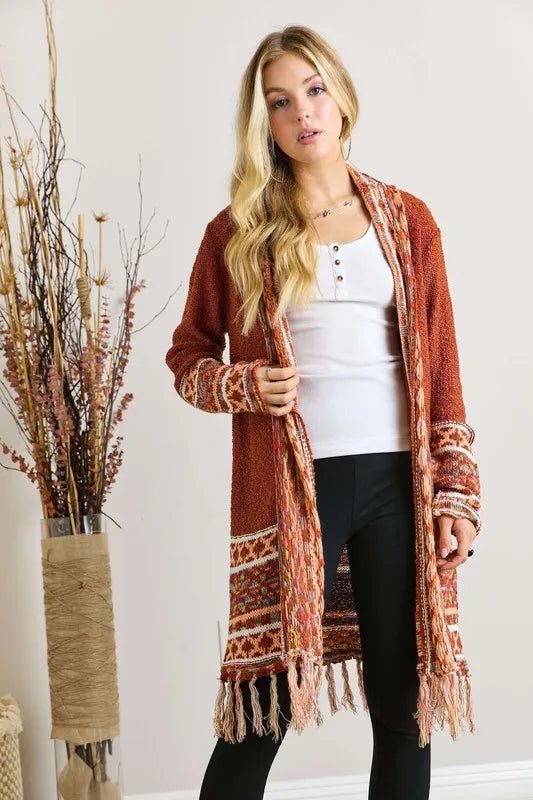 ADORA Full Size Fringe Hem Aztec Border Cardigan Plus Size | Cardigans | 2