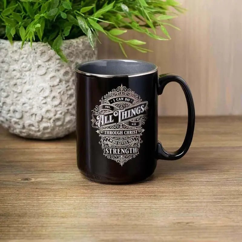 All Things Black and Silver Ceramic Coffee Mug - Philippians 4:13 - Mugs black mug religious text