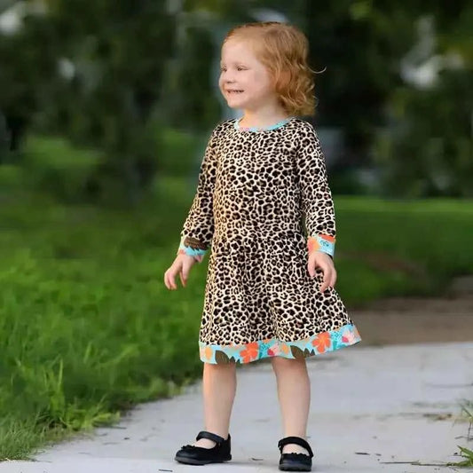 AnnLoren Long Sleeve Leopard Dress for Girls with Floral Trim