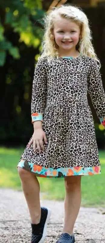AnnLoren Long Sleeve Leopard Dress for Girls with Floral Trim