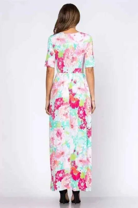 Aqua Crepe De Chine Floral Maxi Dress