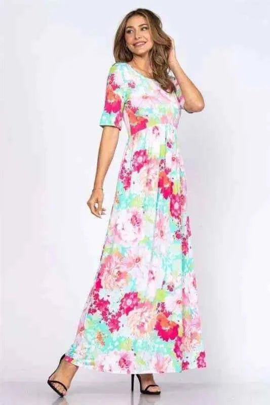 Aqua Crepe De Chine Floral Maxi Dress