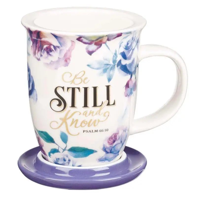 Be Still and Know Lidded Ceramic Mug in Purple - Psalm 46:10 - Mugs floral mug saucer