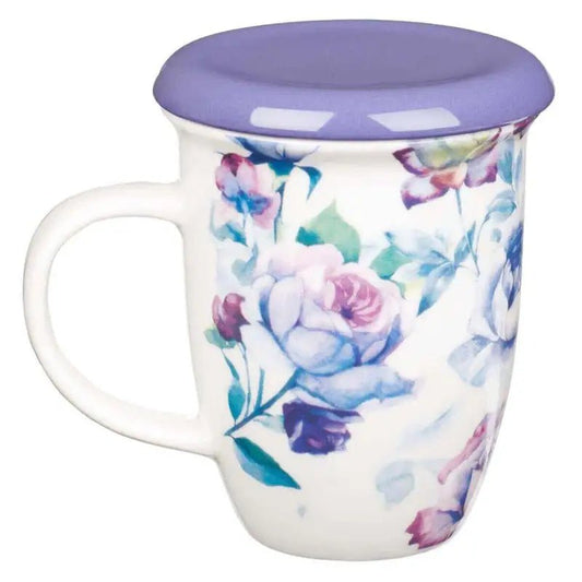 Be Still and Know Lidded Ceramic Mug in Purple - Psalm 46:10 - Mugs floral-patterned mug purple lid