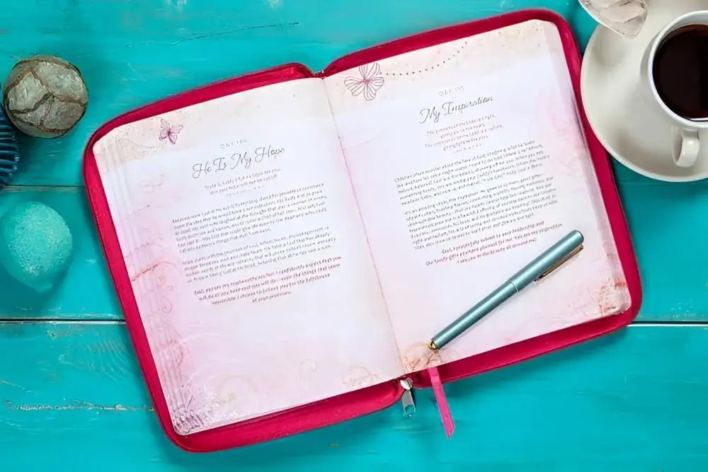 Be Still and Know Ziparound Faux Leather Devotional - Devotionals open pink journal pen