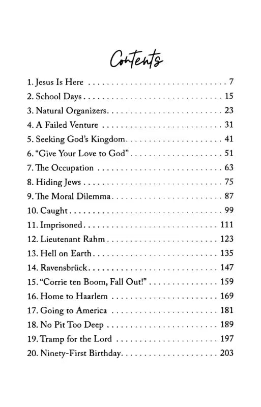 Beautiful Courage: The Story of Corrie ten Boom - Biography table contents