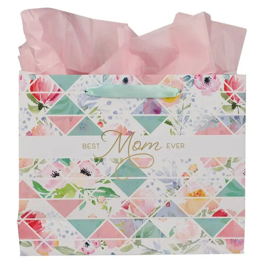 Best Mom Ever Pastel Diamond Large Landscape Gift Bag with Card - Proverbs 31:25 - Gift Bags