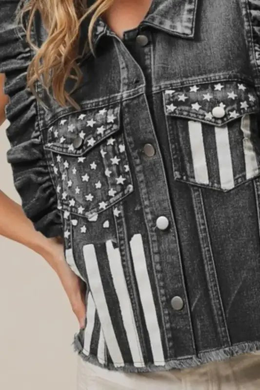 BiBi American Flag Washed Denim Jacket - Jackets