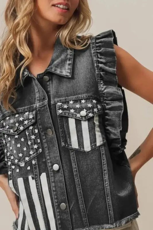 BiBi American Flag Washed Denim Jacket - Jackets