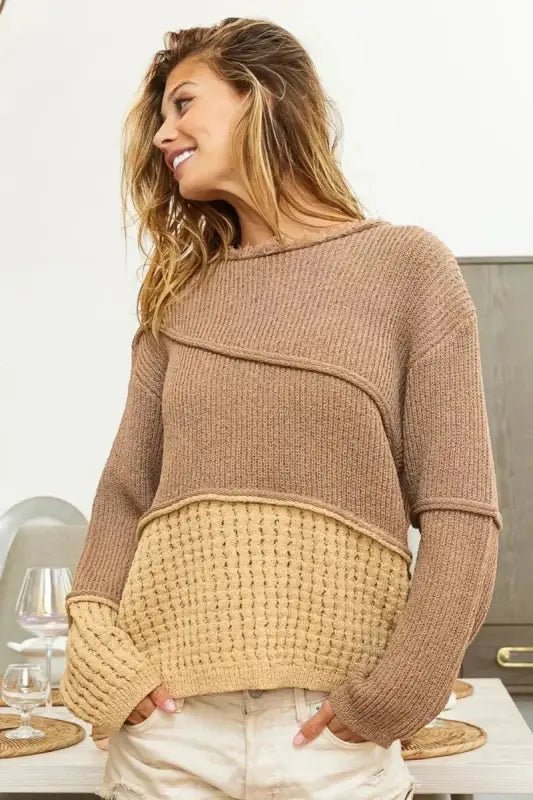 BiBi Texture Detail Contrast Drop Shoulder Sweater - Sweaters