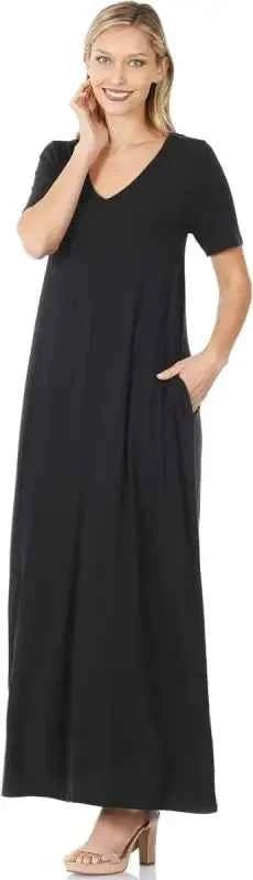 Black V-Neck Short Sleeve Maxi Dress with Side Pockets
