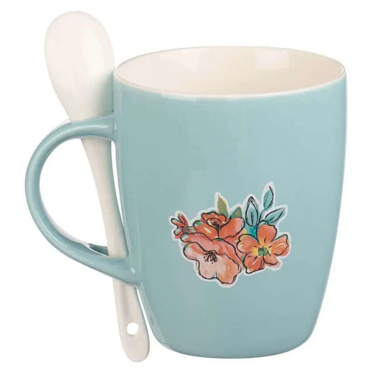 Bless You and Keep You Teal Ceramic Coffee Mug with Spoon - Numbers 6:24 - Mugs floral mug spoon