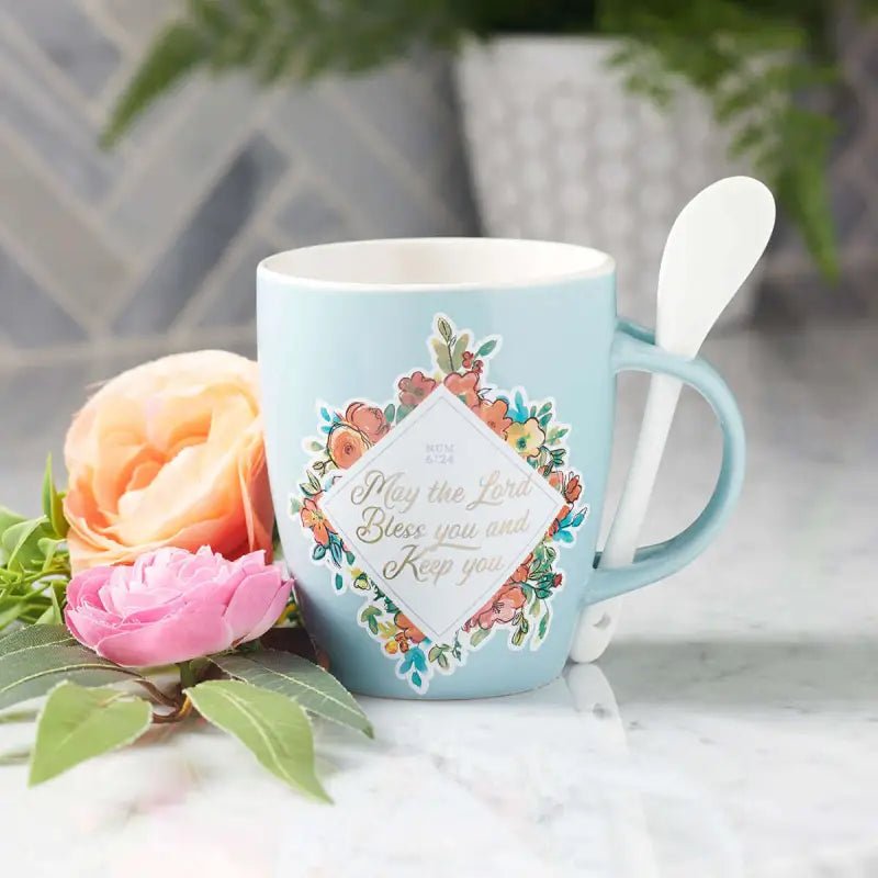 Bless You and Keep You Teal Ceramic Coffee Mug with Spoon - Numbers 6:24 - Mugs light blue floral mug