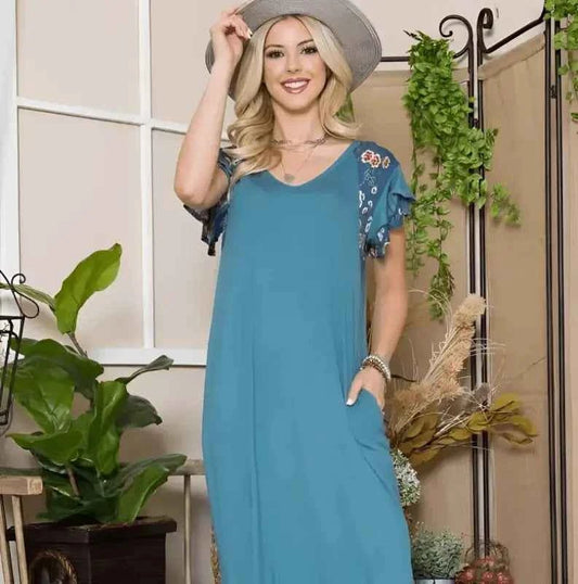 Blue Floral Sleeve Maxi Dress