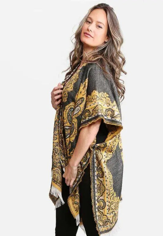 Boho Pattern Fringe Mustard Kimono - One Size - Kimonos woman black gold paisley poncho