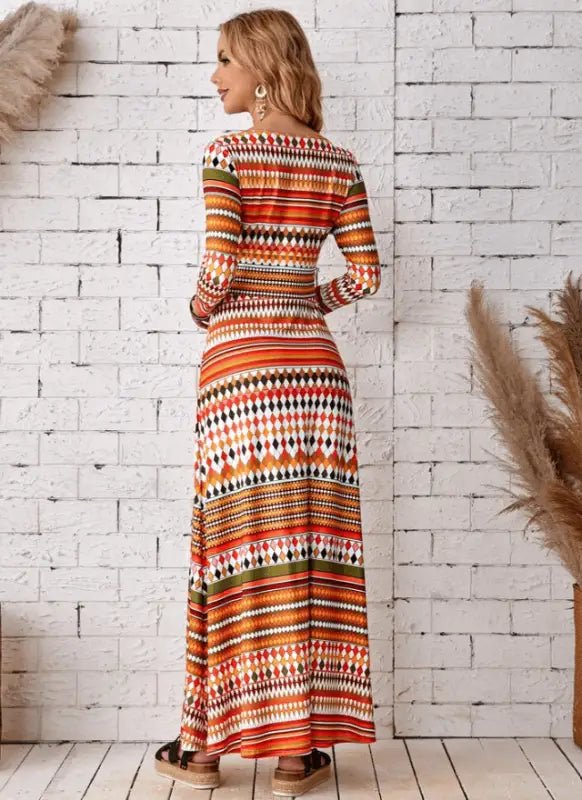 Boho Striped Stretch Maxi Dress - Dresses long-sleeved patterned maxi dress