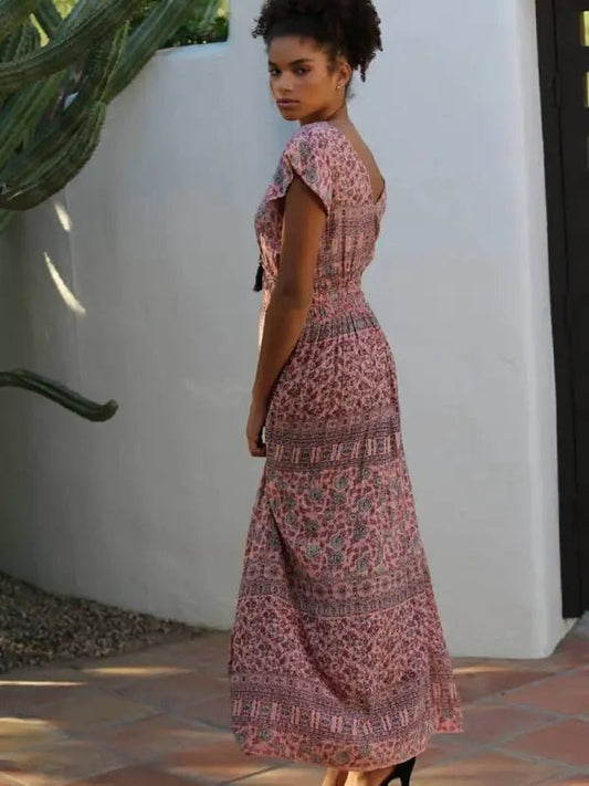 Cameron V-Neck Tiered Elastic Waist Maxi Dress - Dresses pink patterned maxi dress