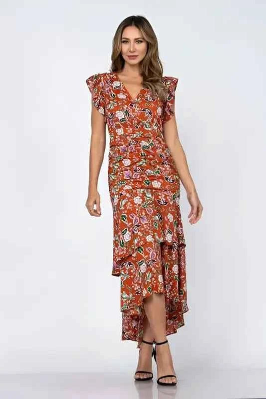 Clay Fluer De Leaf Floral Print Ruffled Shirred Woven Maxi Dress