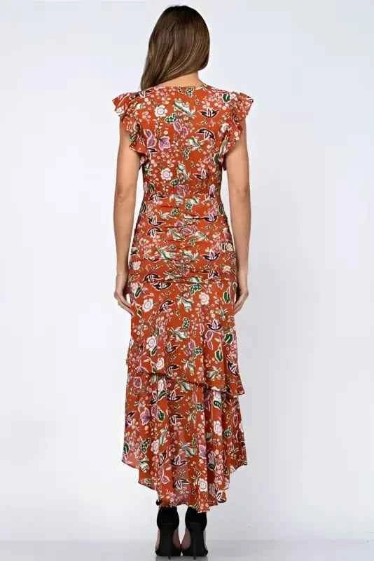 Clay Fluer De Leaf Floral Print Ruffled Shirred Woven Maxi Dress