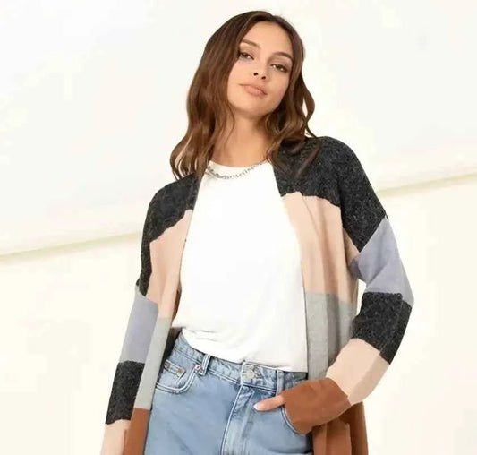 Colorblock Open Front Cardigan