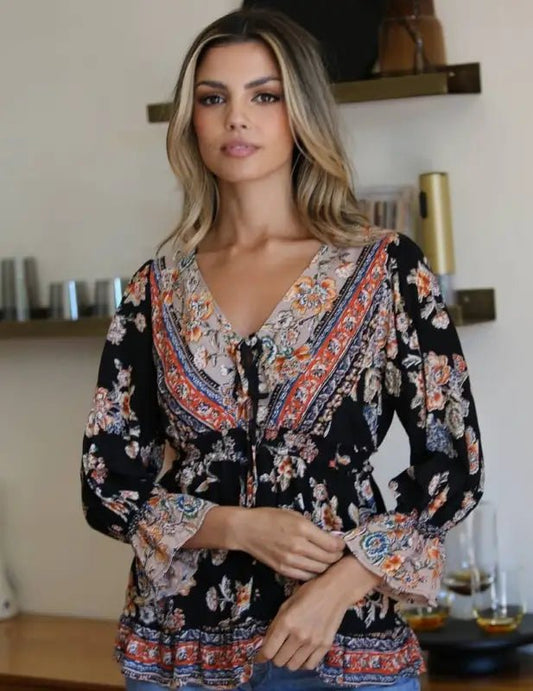Dana V-Neck Tie Detail Blouse - Tops floral print blouse