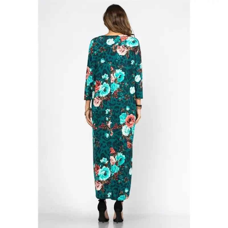 Dark Teal Floral Maxi Dress with Pockets