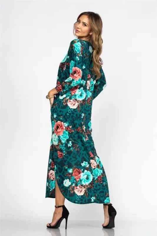 Dark Teal Floral Maxi Dress with Pockets
