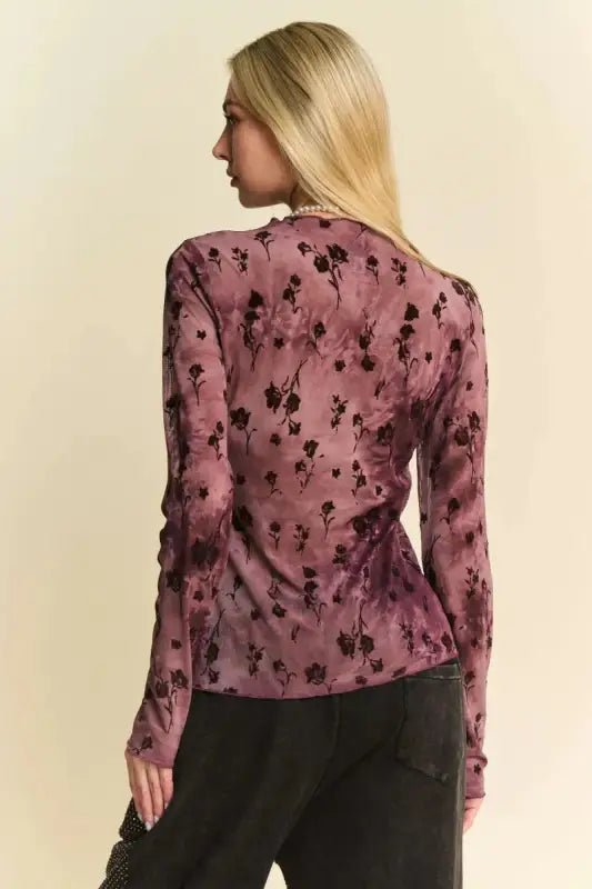 Davi & Dani Floral Mesh Long Sleeve Sheer Layering Top - Tops