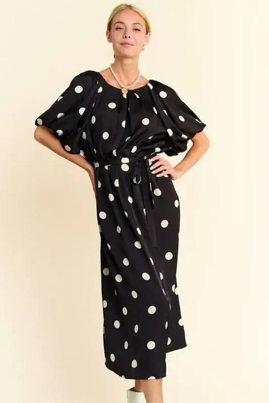 Davi & Dani Polka Dot Puff Sleeves Waist Tie Midi Dress - Dresses