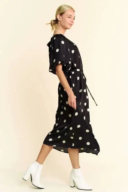 Davi & Dani Polka Dot Puff Sleeves Waist Tie Midi Dress - Dresses