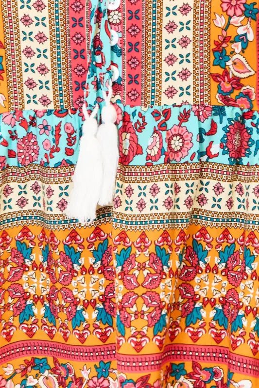 Devine Bohemian Tassel Tie Puff Sleeve Babydoll Blouse - Tops