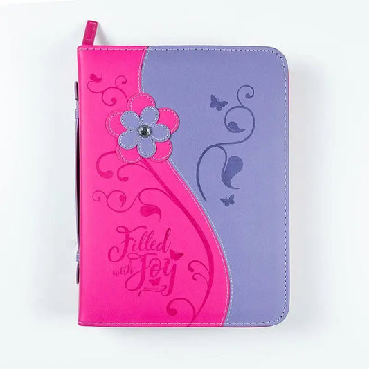 Divine Details: Bible Cover Pink Daisy Filled W/Joy - Medium (6.125’’ x 9’’ x 1.75’’) - Bible Covers pink purple floral