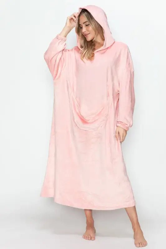 Double Take Full Size Pocketed Hooded Midi Lounge Dress - Pajamas