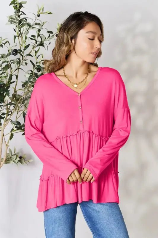 Double Take Half Button Long Sleeve Ruffle Hem Blouse - Tops