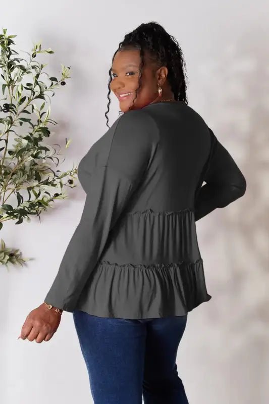 Double Take Half Button Long Sleeve Ruffle Hem Blouse - Tops