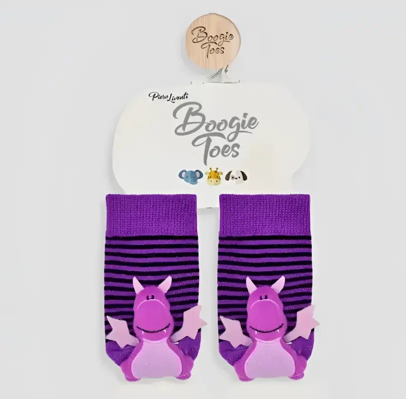 Dragon Boogie Toes Rattle Socks - 0-1 - Baby Socks purple dragon-themed baby socks
