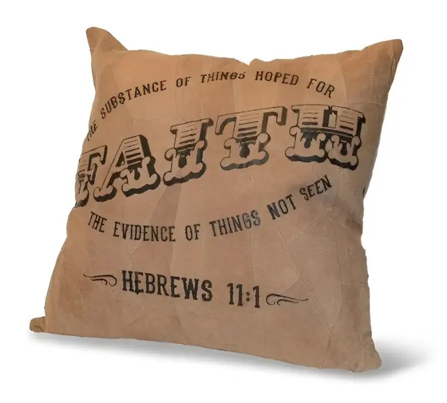 Faith Recycled Leather Pillow - Hebrews 11:1 - Throw Pillows tan pillow religious text