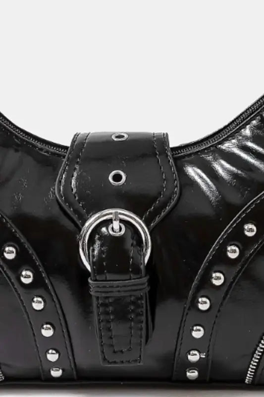 Fame Faux Leather Studded Trim Shoulder Bag - Black / One Size - Bags