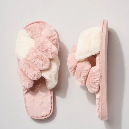 Faux Fur Slippers - Slippers pink white fuzzy slippers