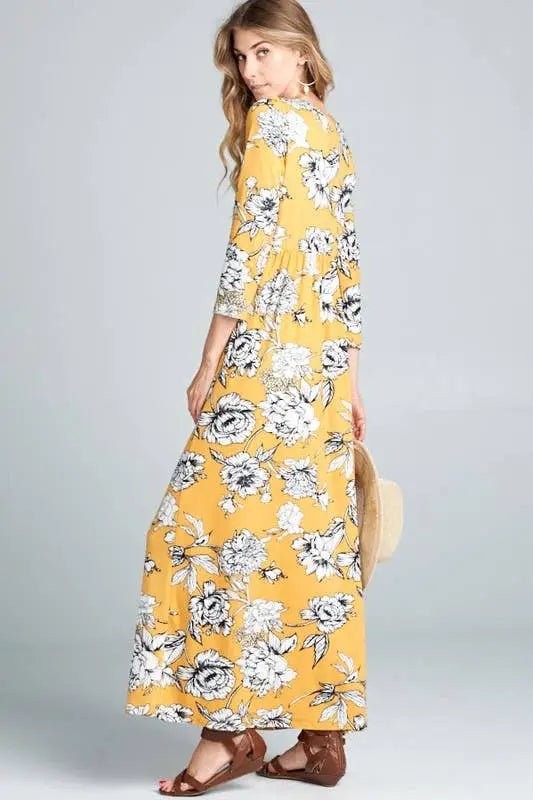 Floral Long Sleeved Maxi Dress - Dresses yellow floral maxi dress