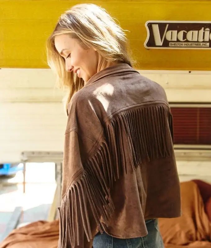 Fringed Faux Suede Jacket - Jackets brown suede fringe jacket