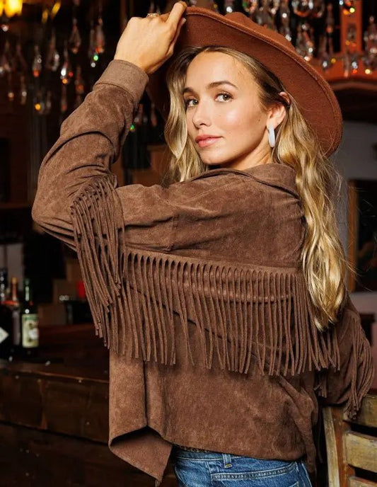 Fringed Faux Suede Jacket - Small - Jackets brown fringed jacket