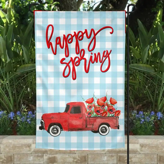 Garden Flag - Happy Spring Red Truck - Yard Flags happy garden flag