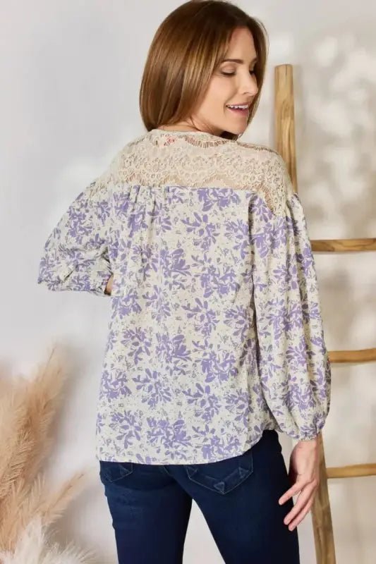 Hailey & Co Full Size Lace Detail Printed Blouse - Tops