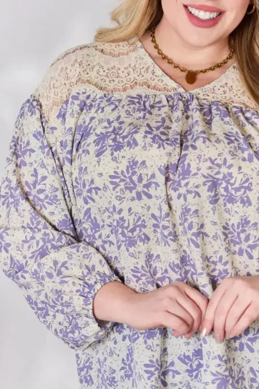 Hailey & Co Full Size Lace Detail Printed Blouse - Tops