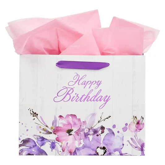 Happy Birthday Purple Floral Large Landscape Gift Bag and Card Set Image Angle - Gift Bags