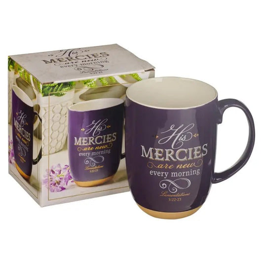 His Mercies are New Purple Ceramic Coffee Mug with Exposed Clay Base - Lamentations 3:22-23 - Mugs purple mug