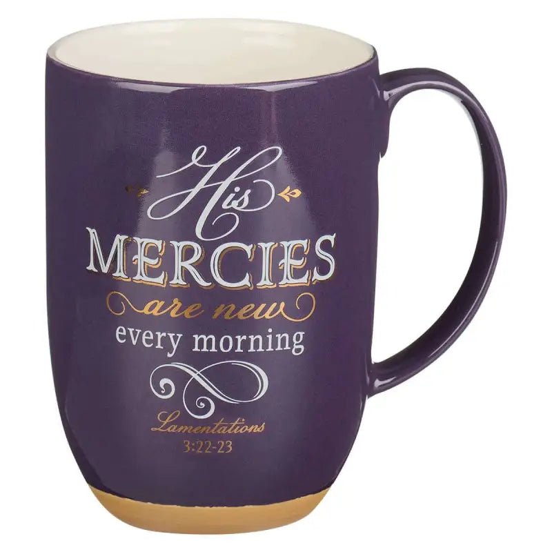 His Mercies are New Purple Ceramic Coffee Mug with Exposed Clay Base - Lamentations 3:22-23 - Mugs purple mug religious