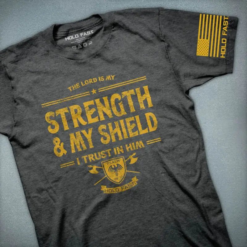 HOLD FAST Mens T-Shirt Strength & Shield - Small / Charcoal Heather - Men’s T-Shirts