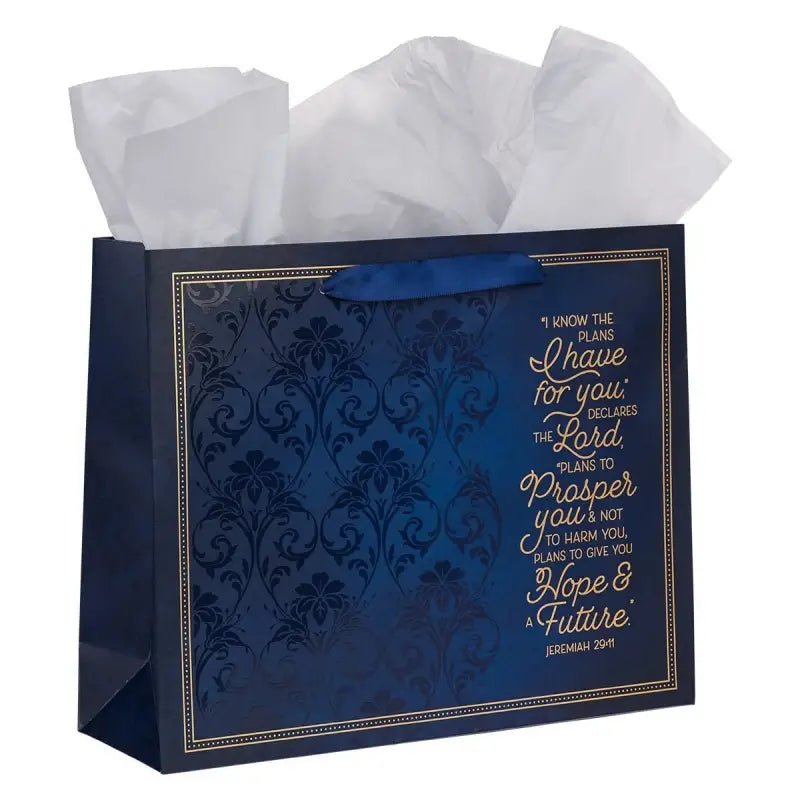 I Know The Plans Blue Floral Trellis Large Landscape Gift Bag with Card - Jeremiah 29:11 - Gift Bags